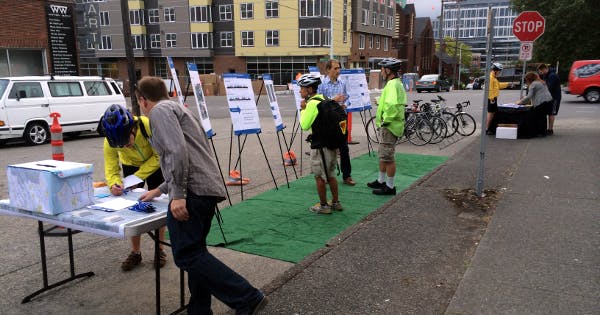 Much nicer than the church basement, at least during a Seattle summer — and better attended, too. Photos courtesy SDOT.