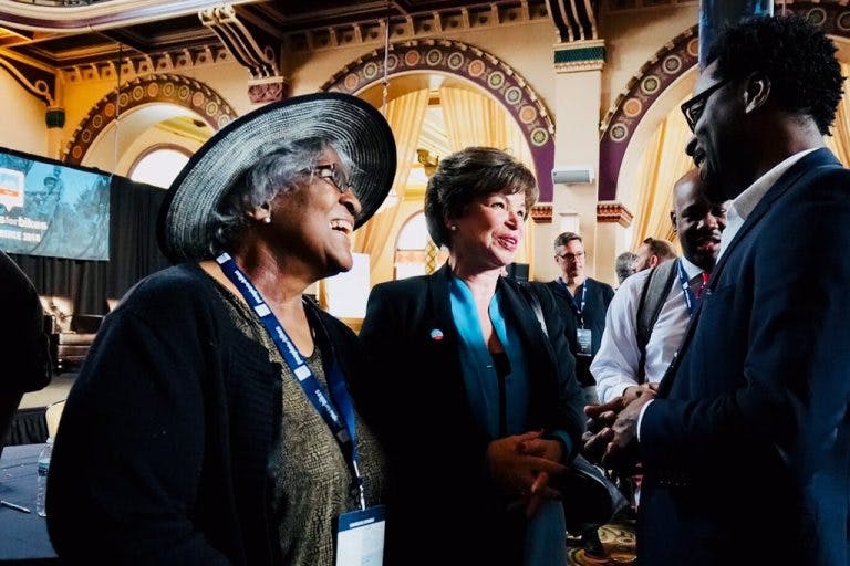 Center for Neighborhood Technology vice president Jacky Grimshaw, Obama Foundation adviser Valerie Jarrett and Go Bronzeville leader Ronnie Harris in Indianapolis last week.