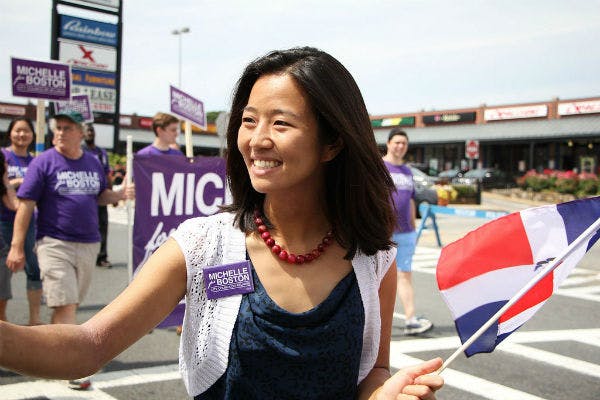 Michelle Wu at a parade celebrating Dominican heritage in Boston. Photo via Michelle for Boston.