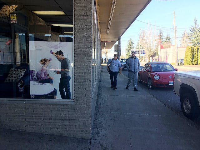 Halsey’s sidewalk-facing business strip on a winter morning.