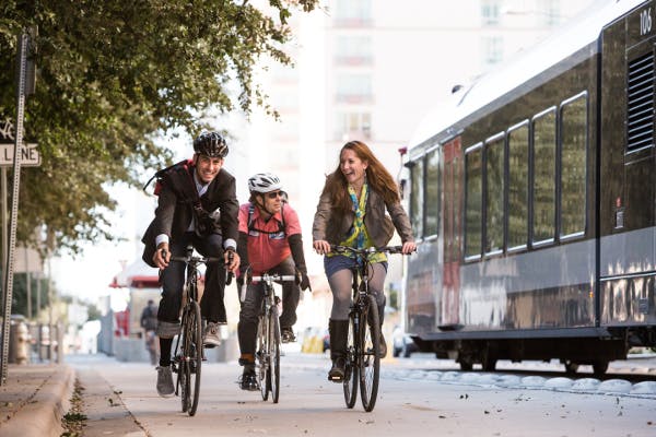 Streetcar and bikes, 4th street in Austin