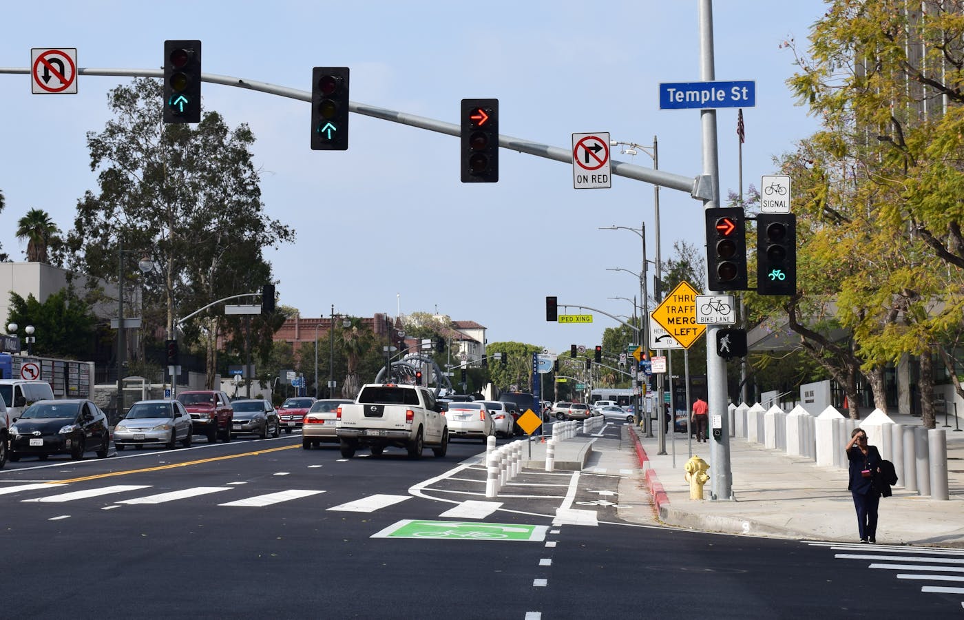 The Los Angeles Department of Transportation installed a bicycle-only signal phase as part of its safety improvements in downtown Los Angeles. 