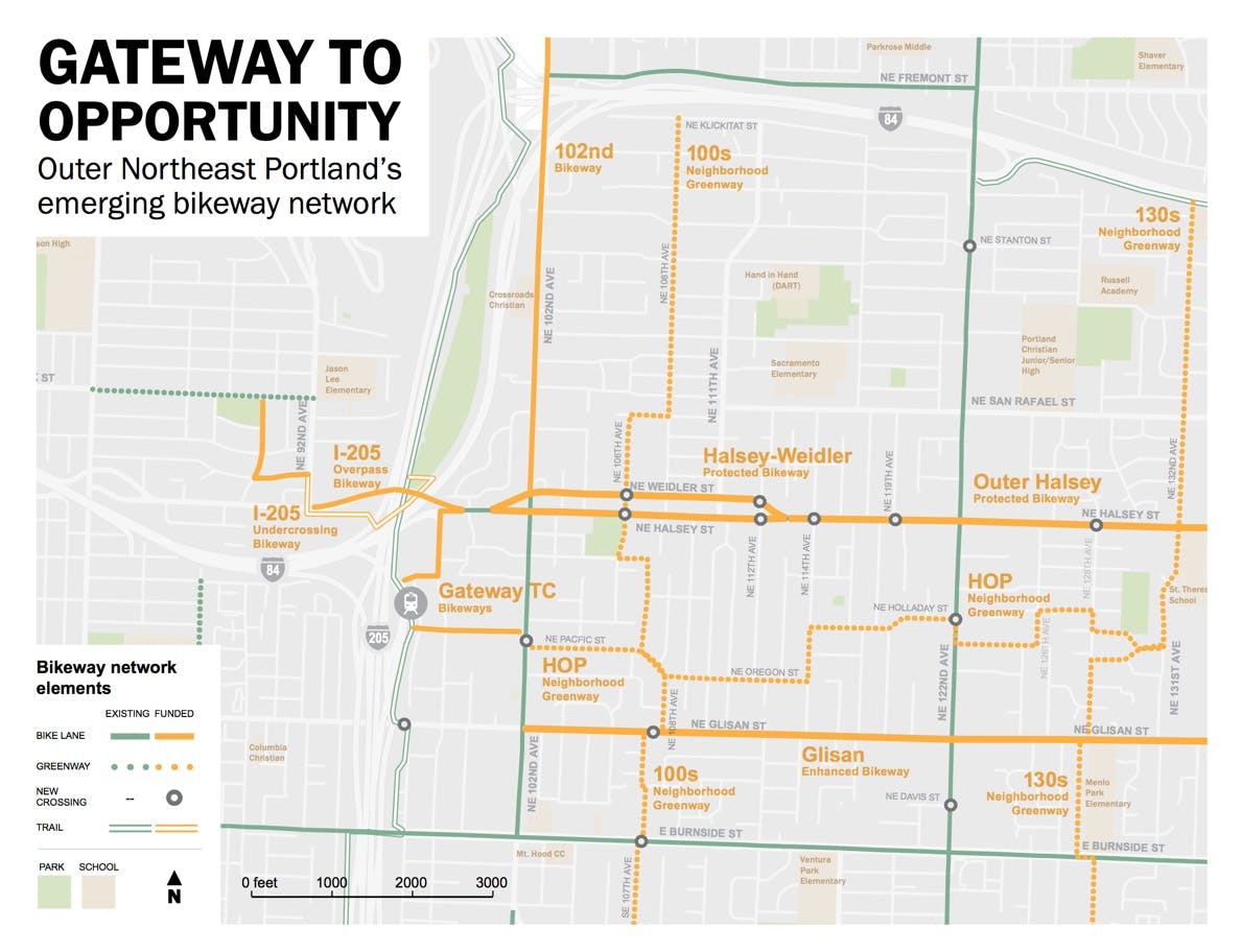 Gateway-area bike projects planned in the next two years. The Gateway business district is the Halsey-Weidler couplet at the center.