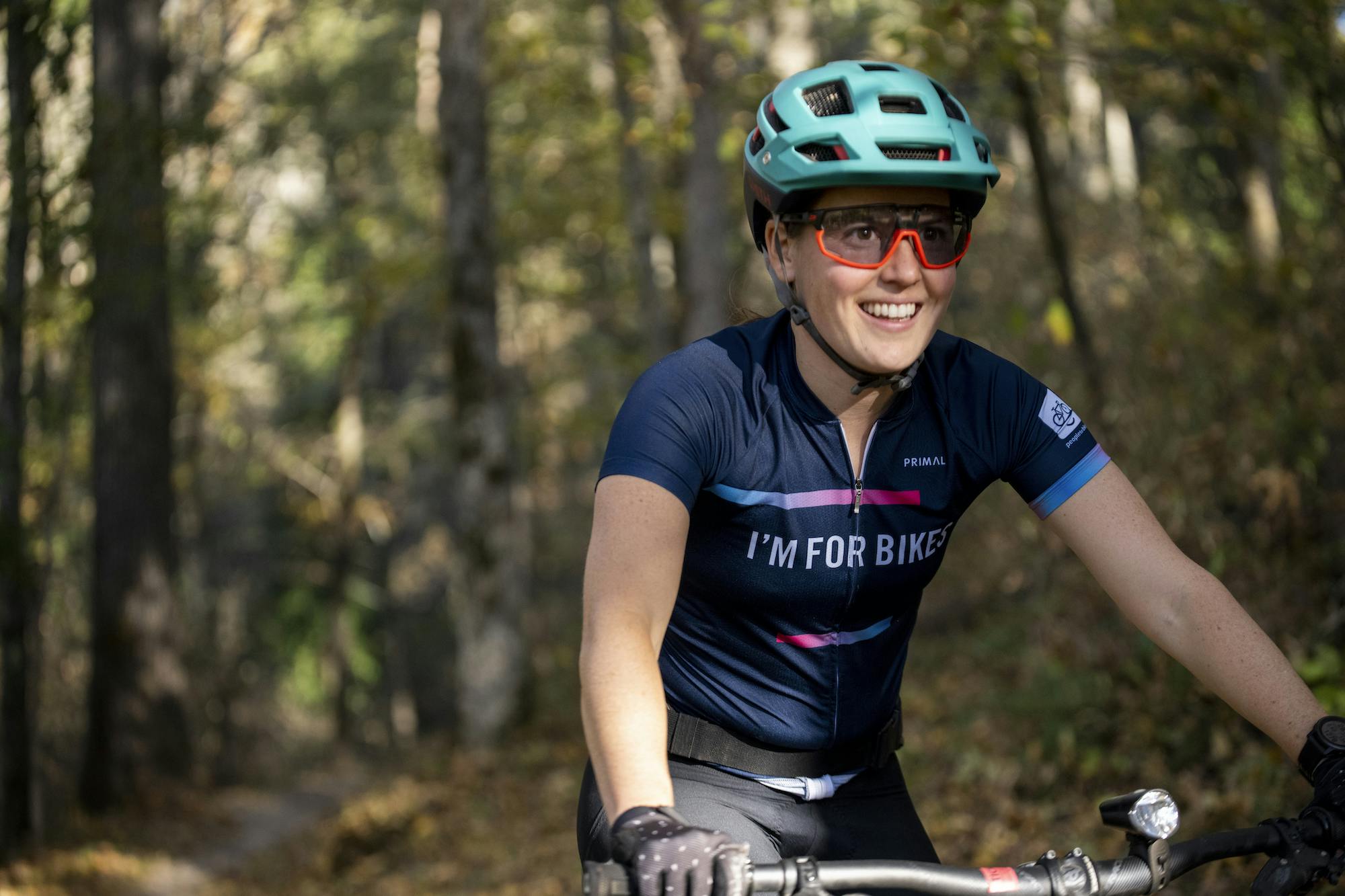 Rachel Fussell, eMTB policy and program manager at PeopleForBikes, rides during an all-staff retreat in Bentonville, Arkansas. 