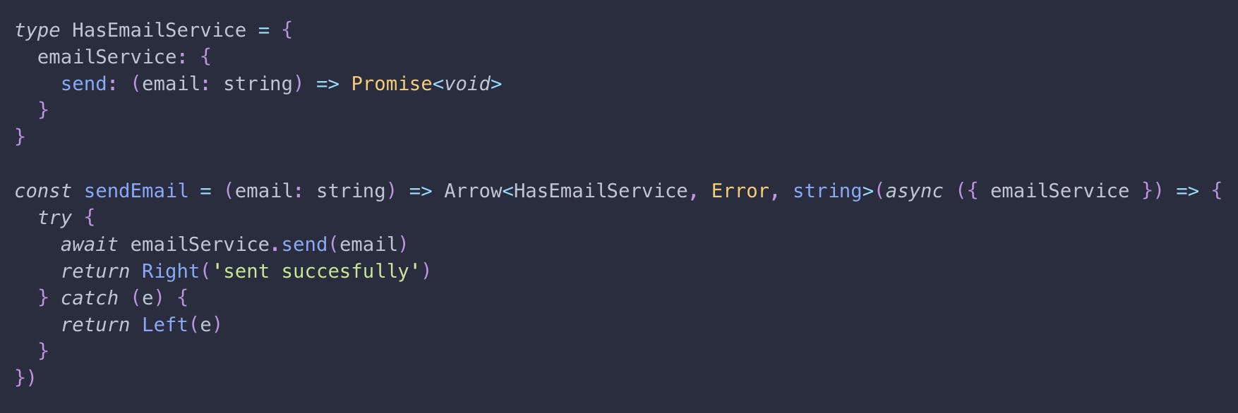 An example function `sendEmail` returning an Arrow, depending on a promise based emailService