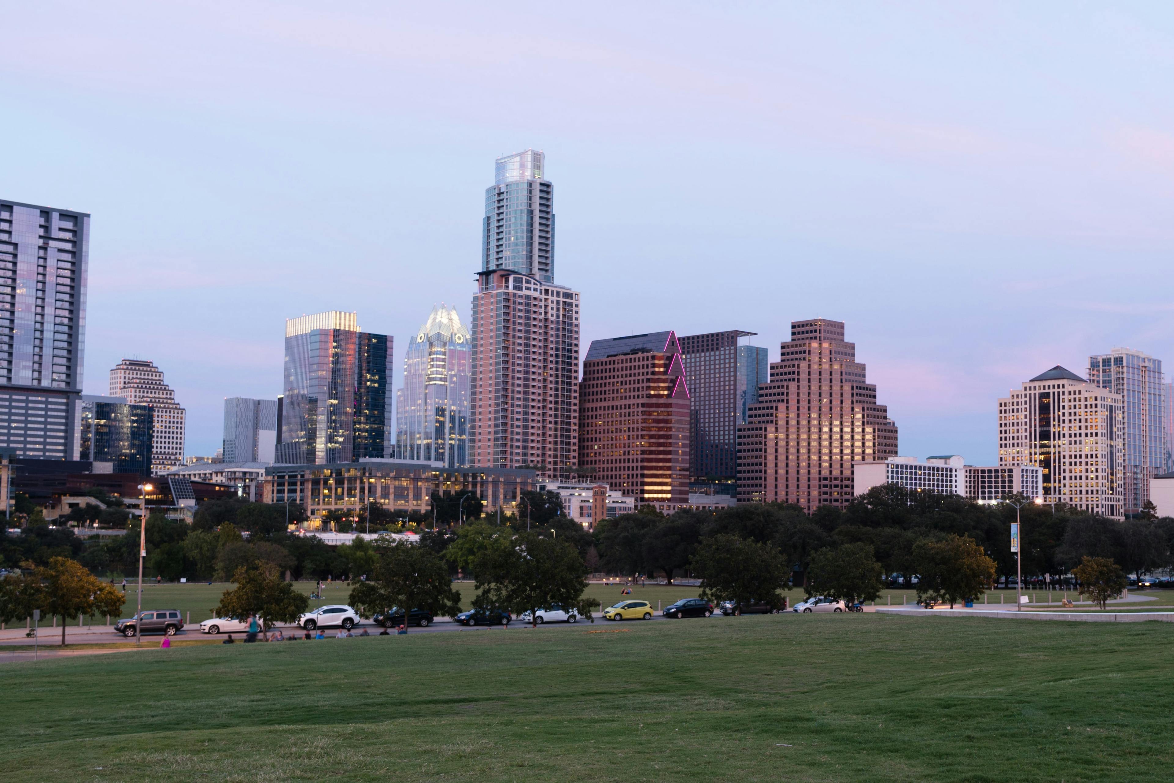 A photo from Butler Park of the city skyline in Austin, Texas