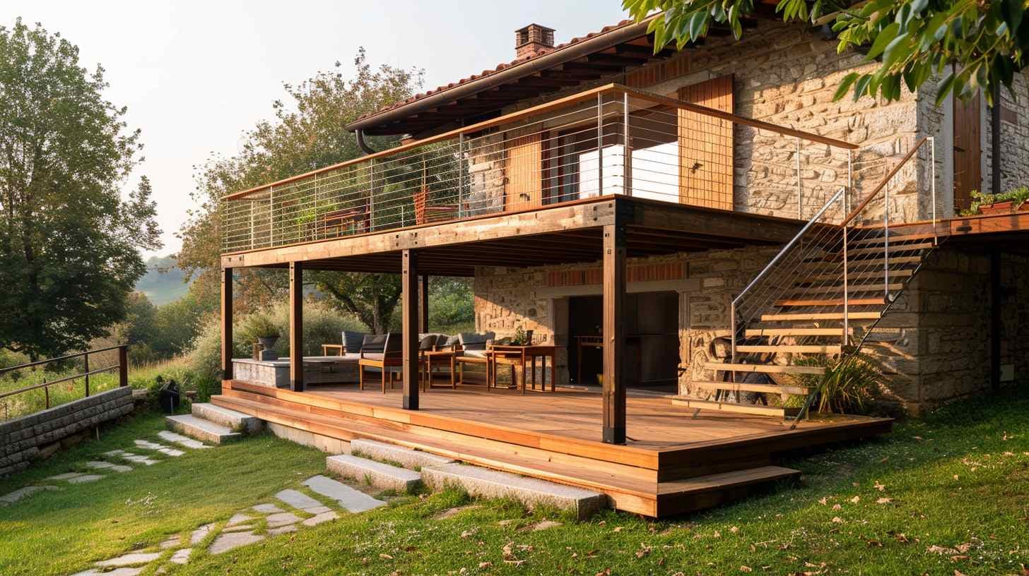 Een terras op palen beveiligd door een leuningen.