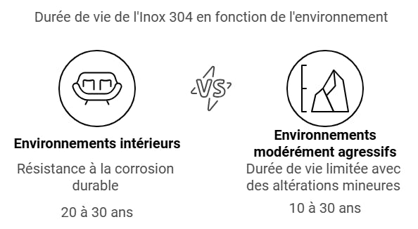 Illustration de la durée de vie de l'inox 304 en fonction de son environnement d'utilisation.