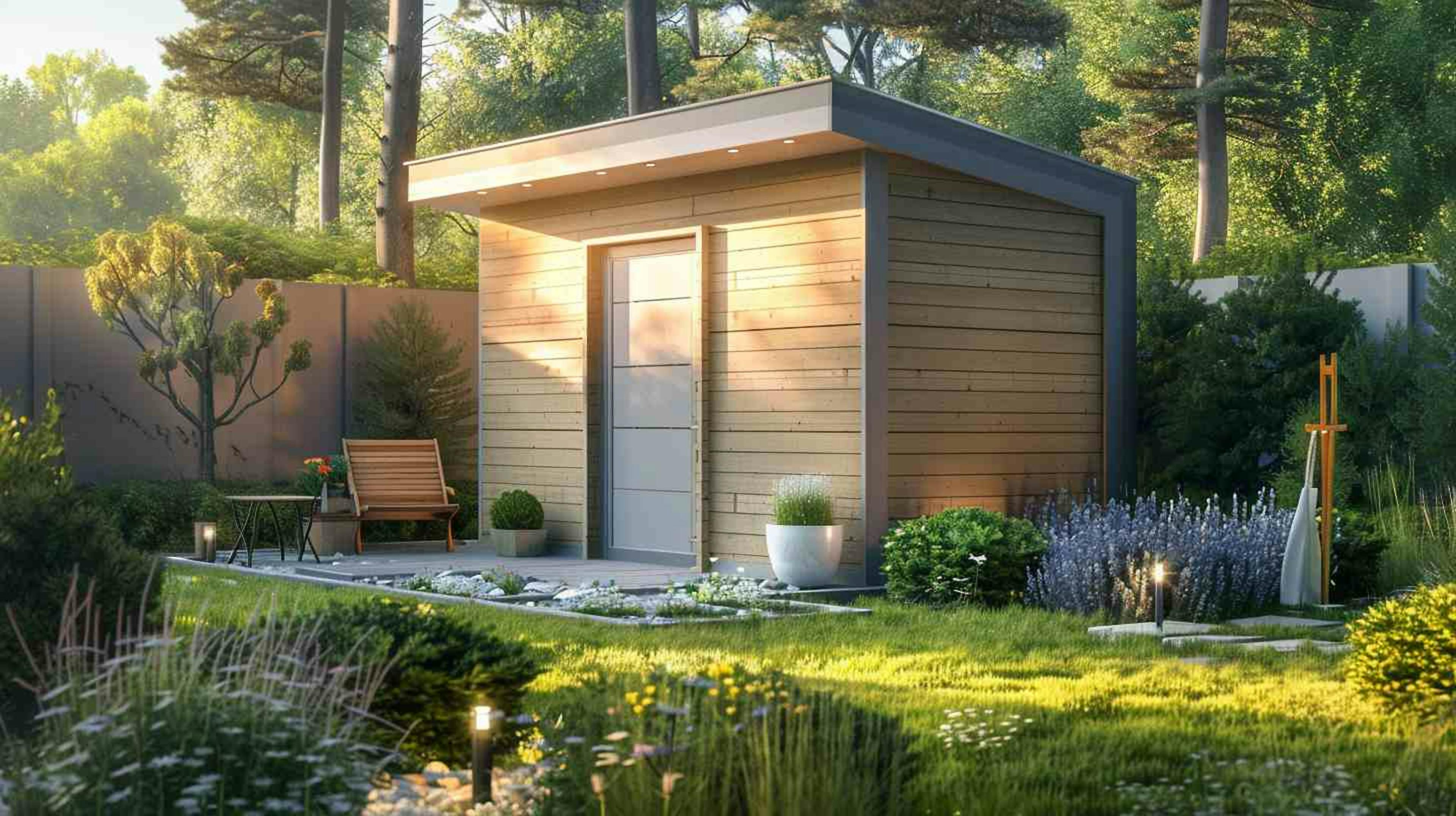 Abri de jardin en bois au style contemporain dans un jardin avec un temps printanier et ensoleillé