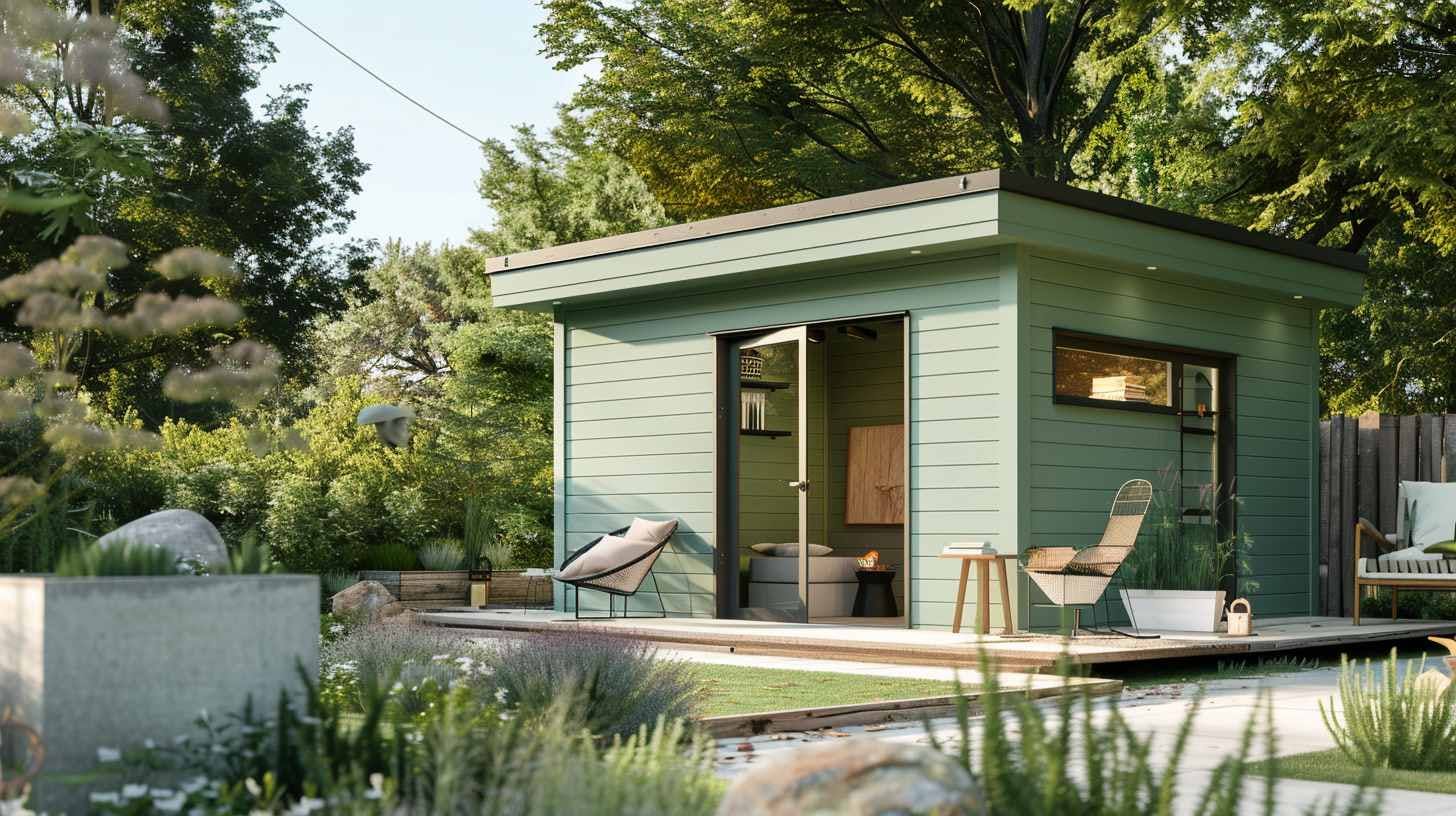 Een modern tuinhuis, licht viridisgroen van kleur, omgeven door een goed onderhouden tuin, een rustige omgeving met natuurlijk licht.