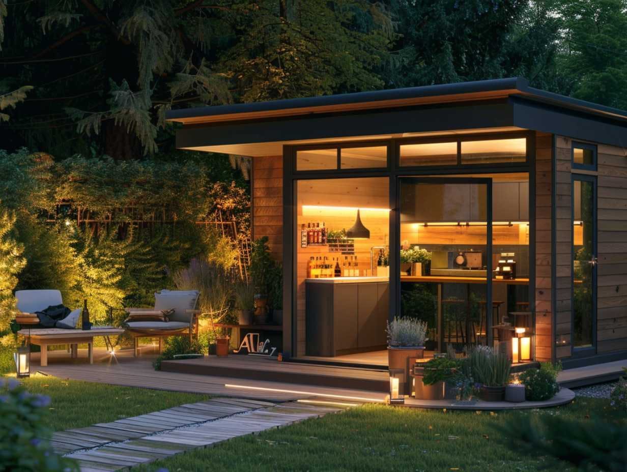 Un abri de jardin moderne avec mini bar intégré sur le côté, entouré de verdure dans une ambiance estivale et un éclairage nocturne chaleureux.