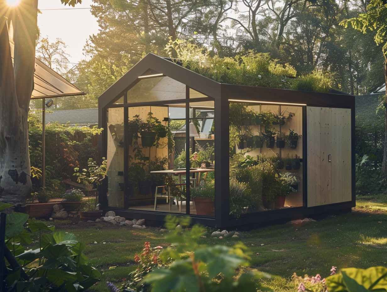 Abri de jardin tendance avec des fenêtres verticales et des plantes à l'intérieur, toit végétalisé, ambiance paisible dans un jardin de maison, lumière du matin.