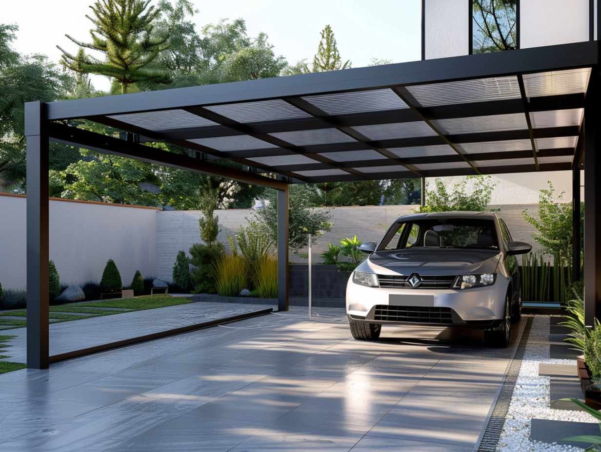 Photo d'une voiture française moderne sous un carport en aluminium gris foncé qui peut abriter deux voitures le tout situé dans un jardin moderne, avec une vue de côté.