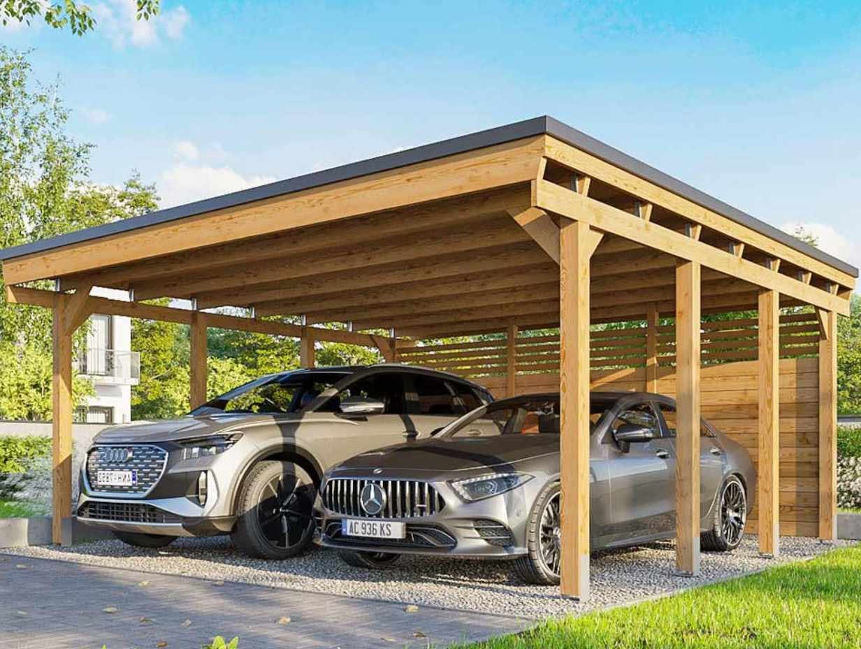 Photo d'un carport en bois qui abrite 2 voitures modernes avec un gabarit imposant. L'abri est muni d'un toit plat et  des panneaux de fond et latéraux qui peuvent être installés selon le besoin