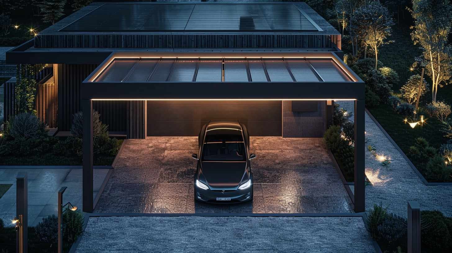 Luftaufnahme eines zeitgenössischen Carports, der ein modernes Auto schützt. Das Dach ist dunkelgrau mit einziehbarem Dach, abendliche Stimmung in einem harmonischen Garten, modernes Design.