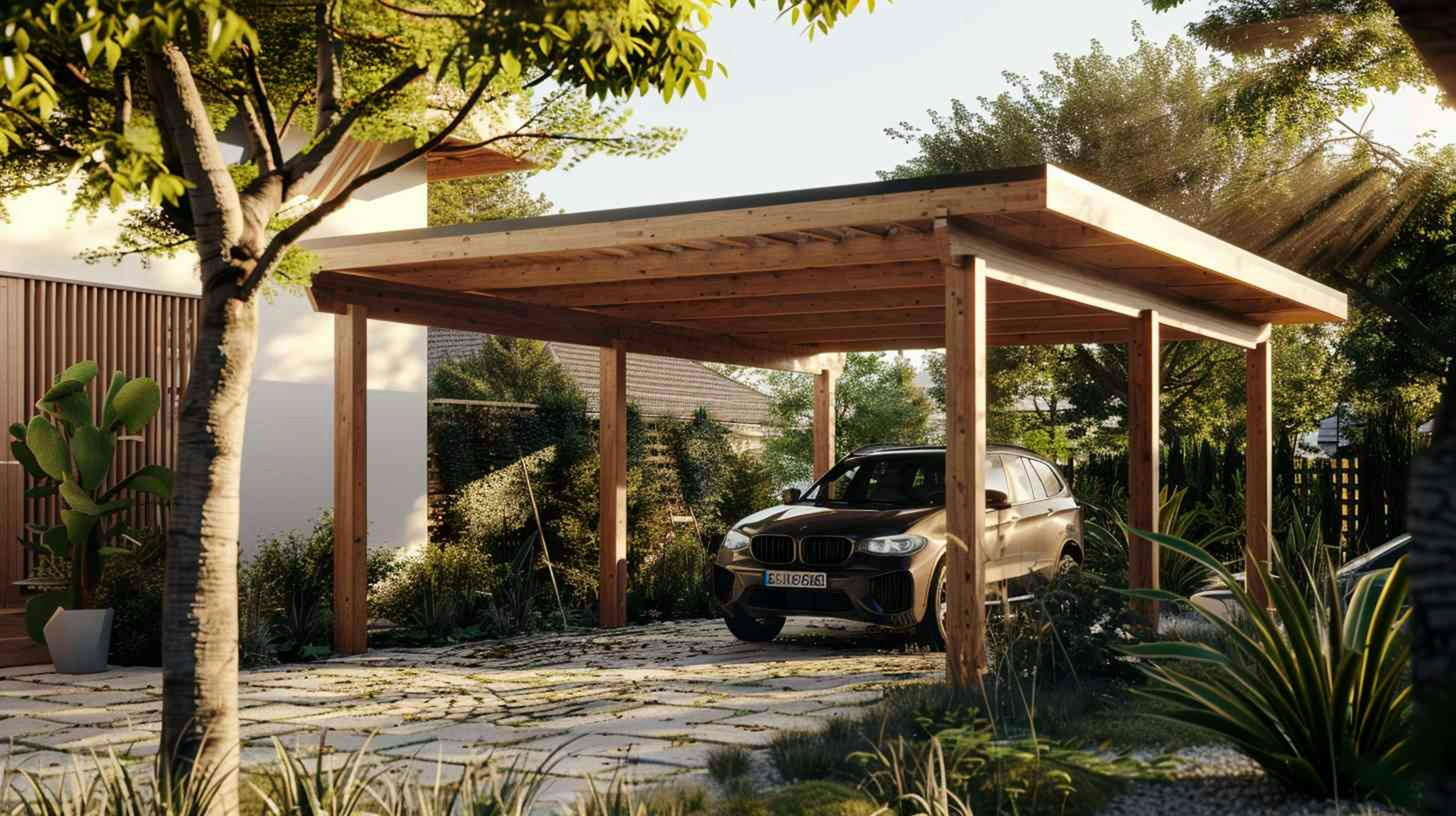 Photo d'un carport en bois avec un toit plat situé dans un jardin à côté d'une maison, avec une voiture garée en dessous, structure autoportante, entouré d'une végétation luxuriante