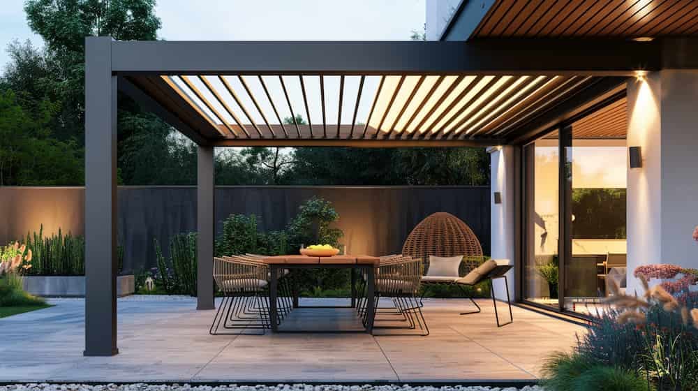 pergola bioclimatique adossée au mur d'une maison avec un meuble moderne et des lumières LED