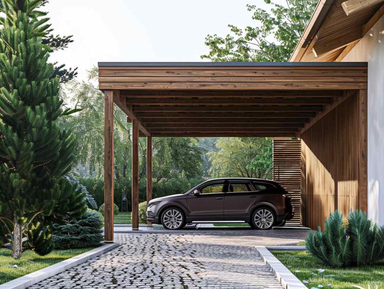 Image d'un carport adossé en bois avec un toit à pente, entouré de verdure, et adjacent à une maison moderne.