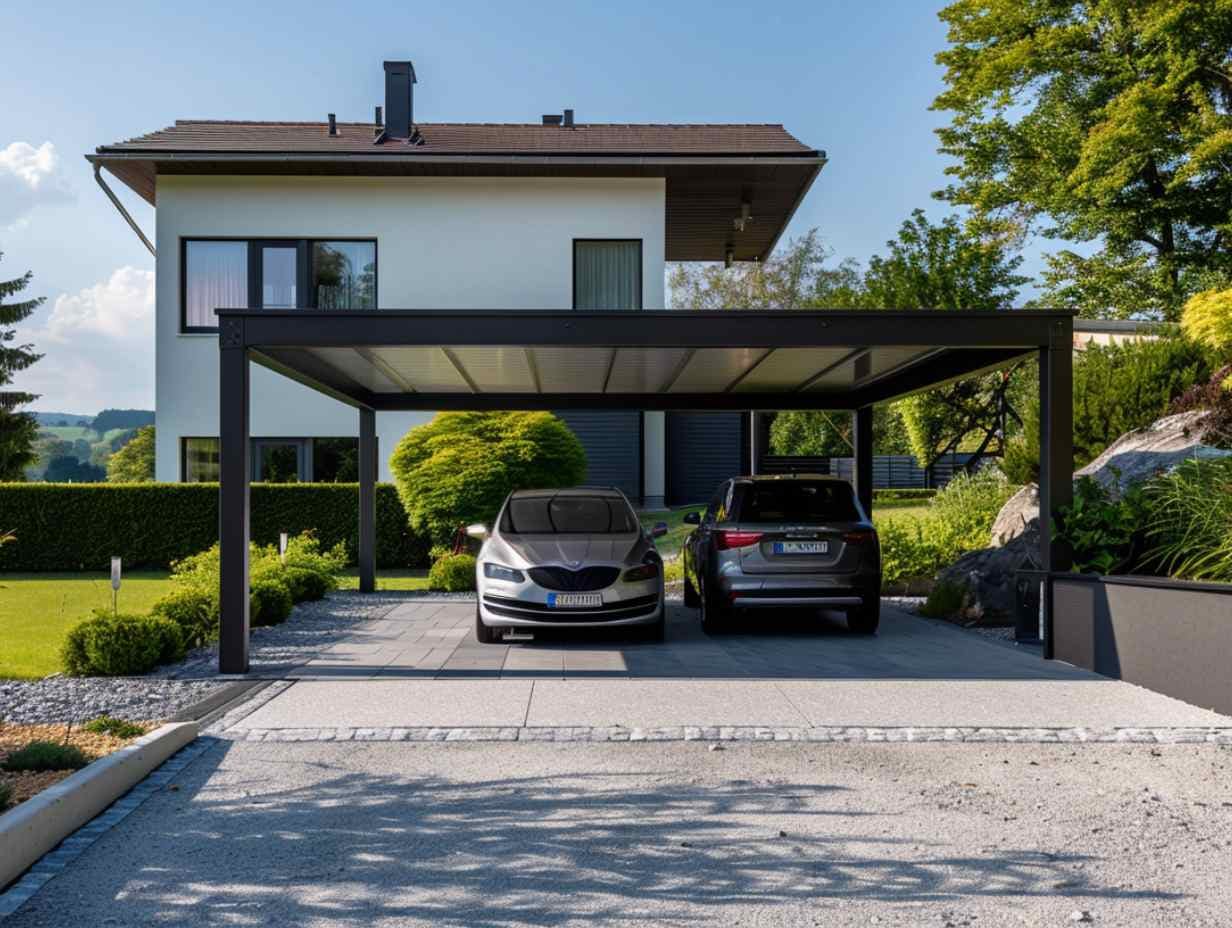 Photo d'un carport moderne avec un toit plat, entouré d'un jardin bien entretenu, à côté d'une maison contemporaine.