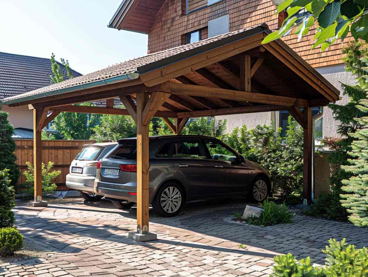 Image d'un carport classique avec un toit à forte pente, entouré de verdure et d'une maison.