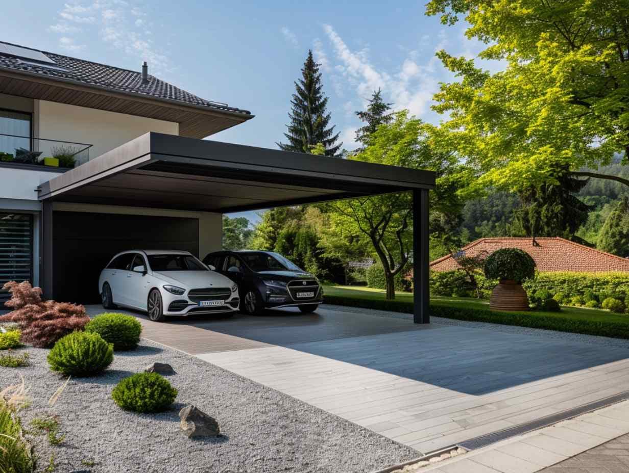 Photo d'un carport 2 voitures en aluminium avec un toit à pente, situé à côté d'une maison, lumière du jour, design autoport.