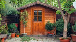 abri de jardin en bois avec porte vitrée au fond d'un jardin