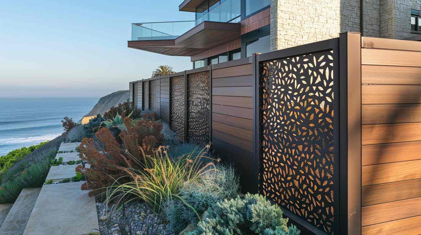 Photo réaliste d'une moderne clôture composite avec panneaux métalliques décoratifs, maison côtière avec jardin, plage lointaine et mer légèrement agitée.