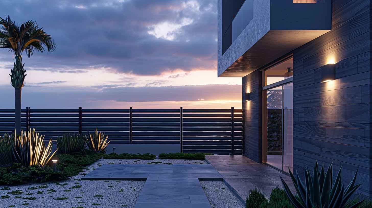 Photo d'une clôture en aluminium, surplombant une vue lointaine d'une mer agitée et d'une plage de sable finition mate foncée, près d'une maison côtière avec un jardin minimaliste, éclairage doux et diffus, clôture en aluminium surélevée atmosphère paisible.