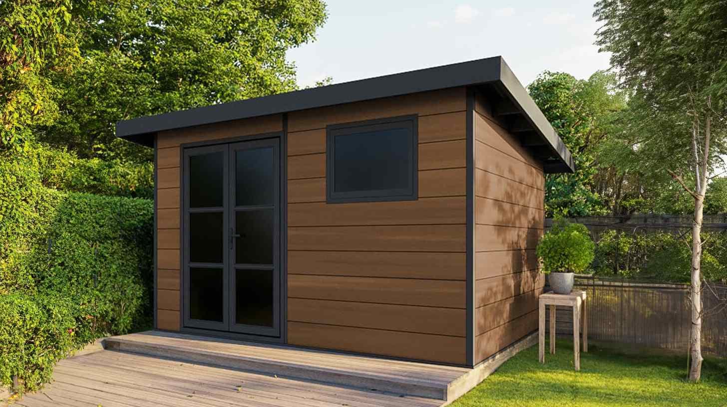 Modernes Gartenhaus mit horizontalen Fenstern, Flachdach, friedliche Atmosphäre in einem Hausgarten, Morgenlicht.