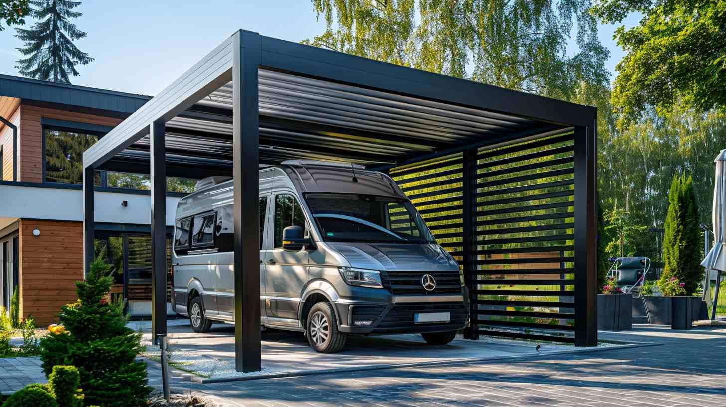 Photo d'un carport camping-car en aluminium situé à côté d'une maison contemporaine avec un jardin, lumière du matin.