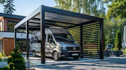 Photo d'un carport camping car en aluminium situé à côté d'une maison contemporaine avec un jardin, lumière du matin.