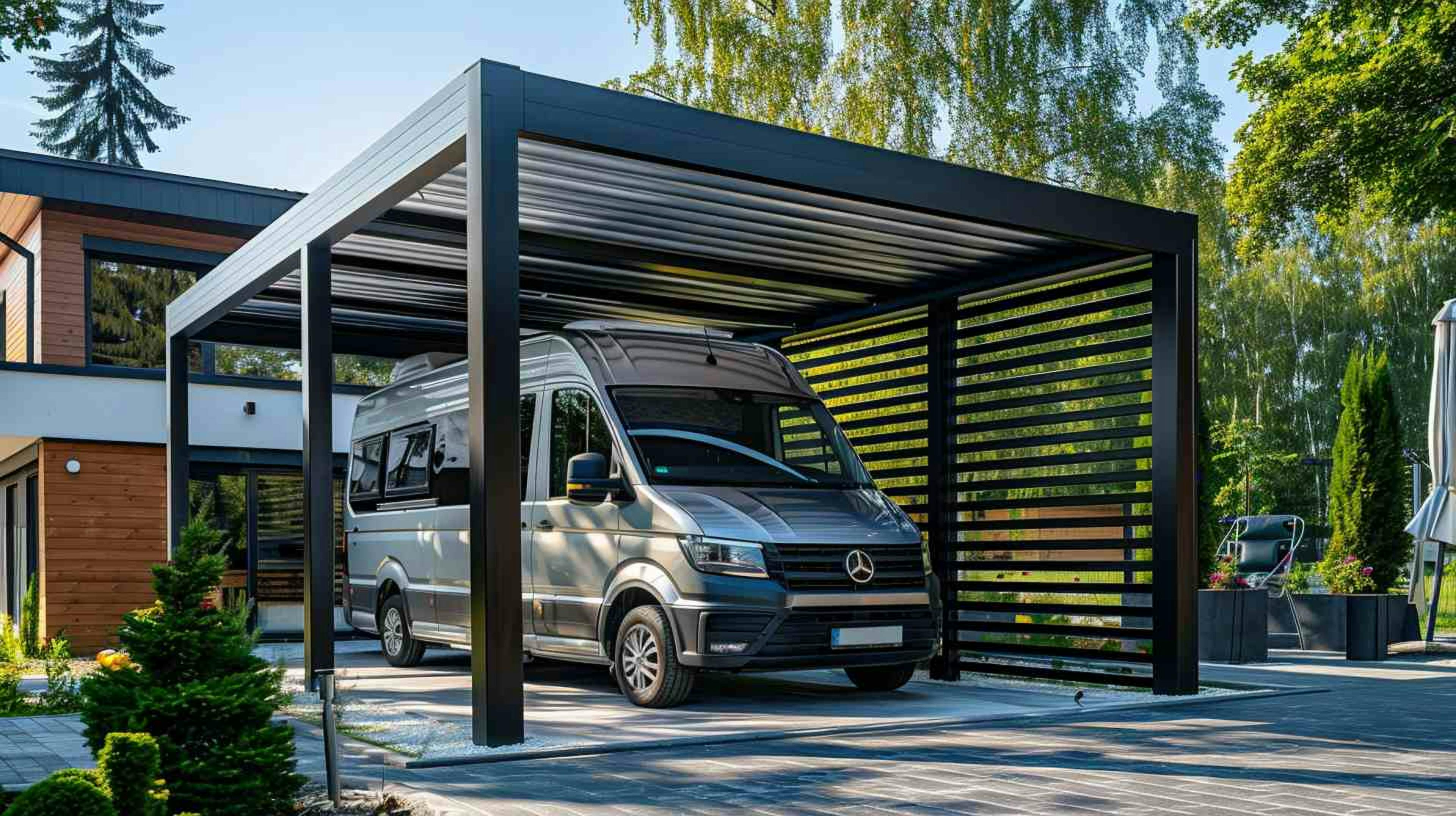 Photo d'un carport camping car en aluminium situé à côté d'une maison contemporaine avec un jardin, lumière du matin.