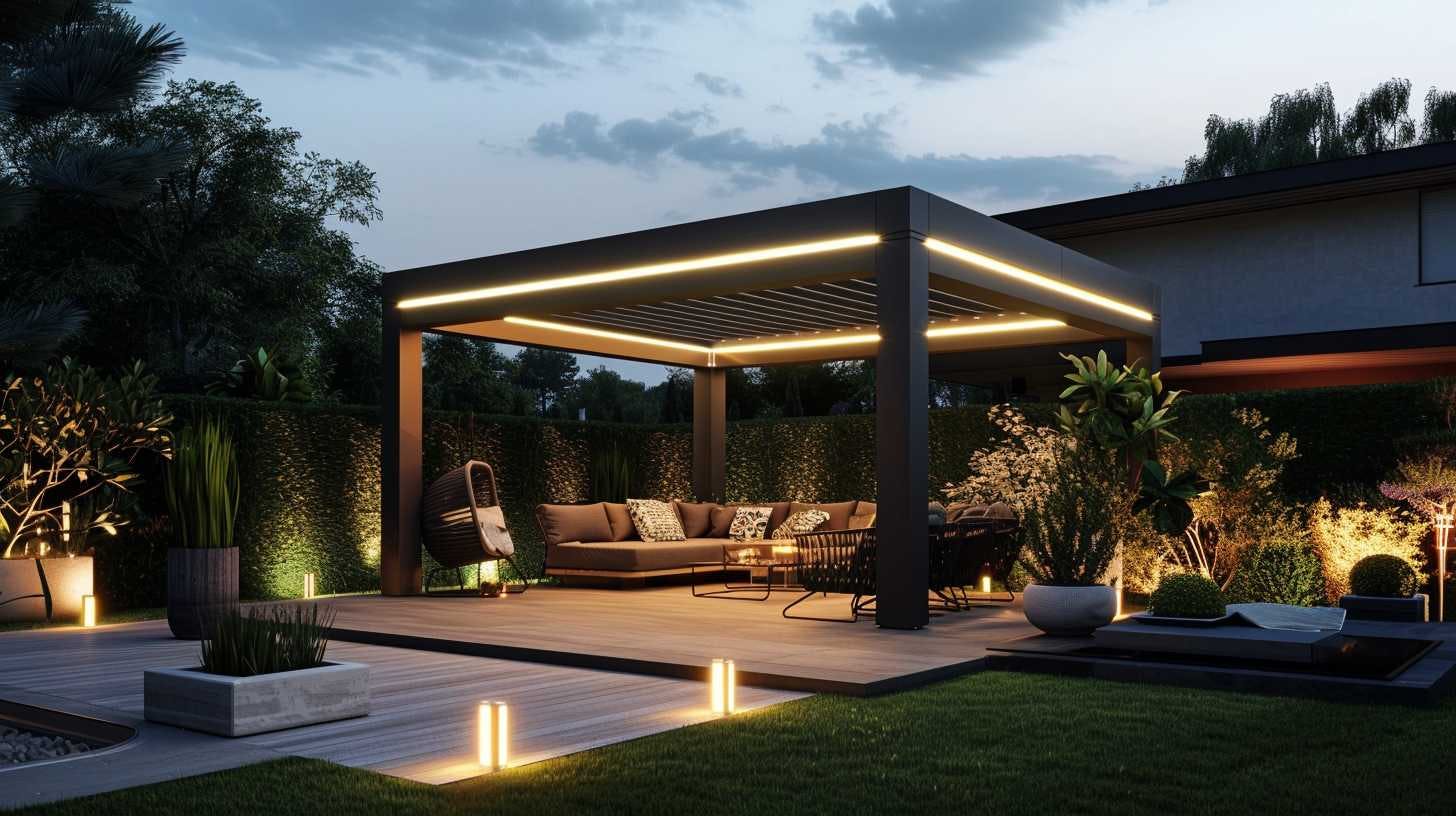 Foto van verlichting voor bioklimatologische pergola met LED-verlichting die de contouren, neutrale tinten en vredige sfeer benadrukt. De structuur wordt omringd door planten en elegant buitenmeubilair.