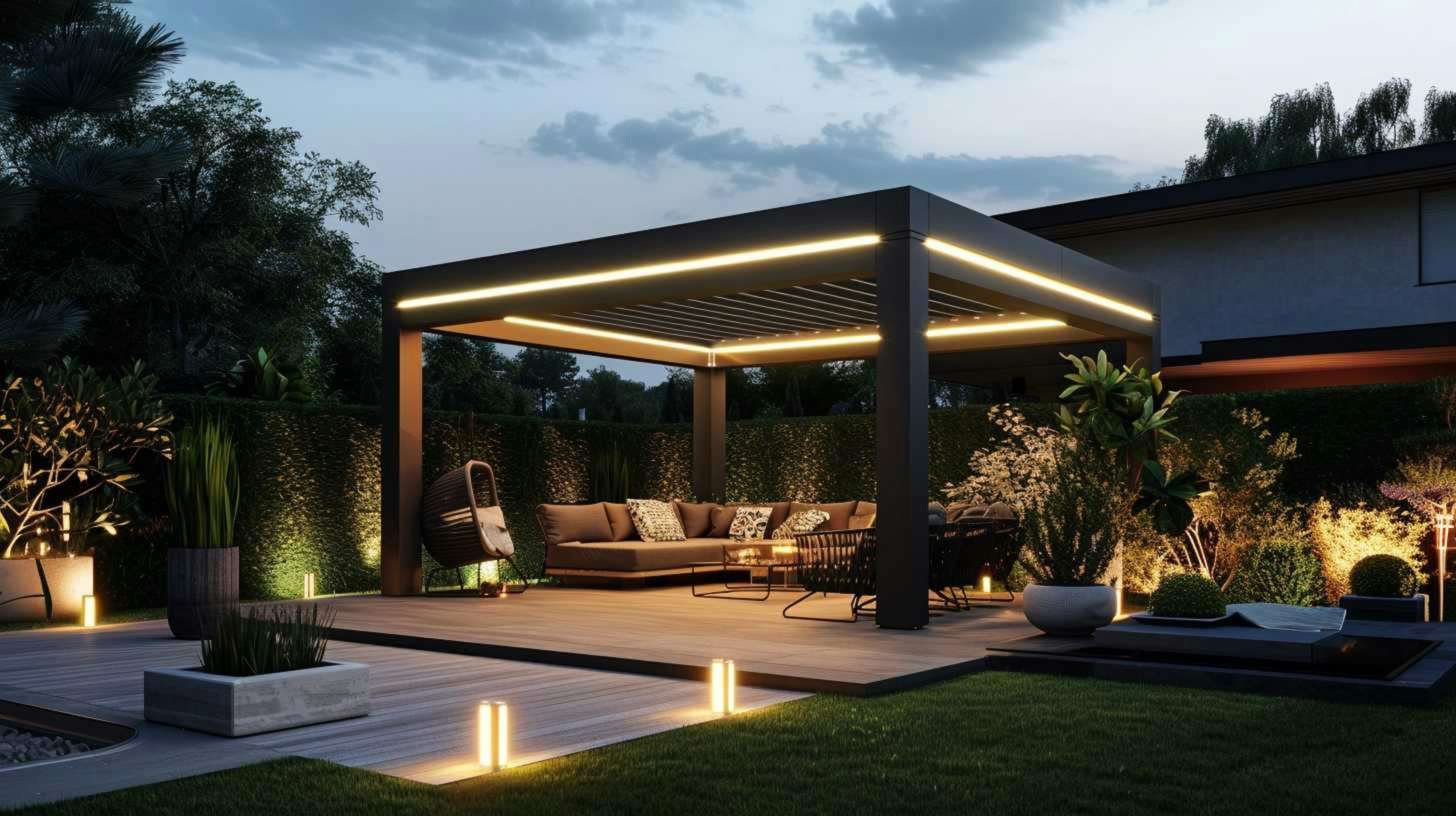 Photo d'éclairage pour pergola bioclimatique avec des lumières LED soulignant ses contours, tons neutres, ambiance paisible. La structure est entourée de plantes et de mobilier d'extérieur élégant.