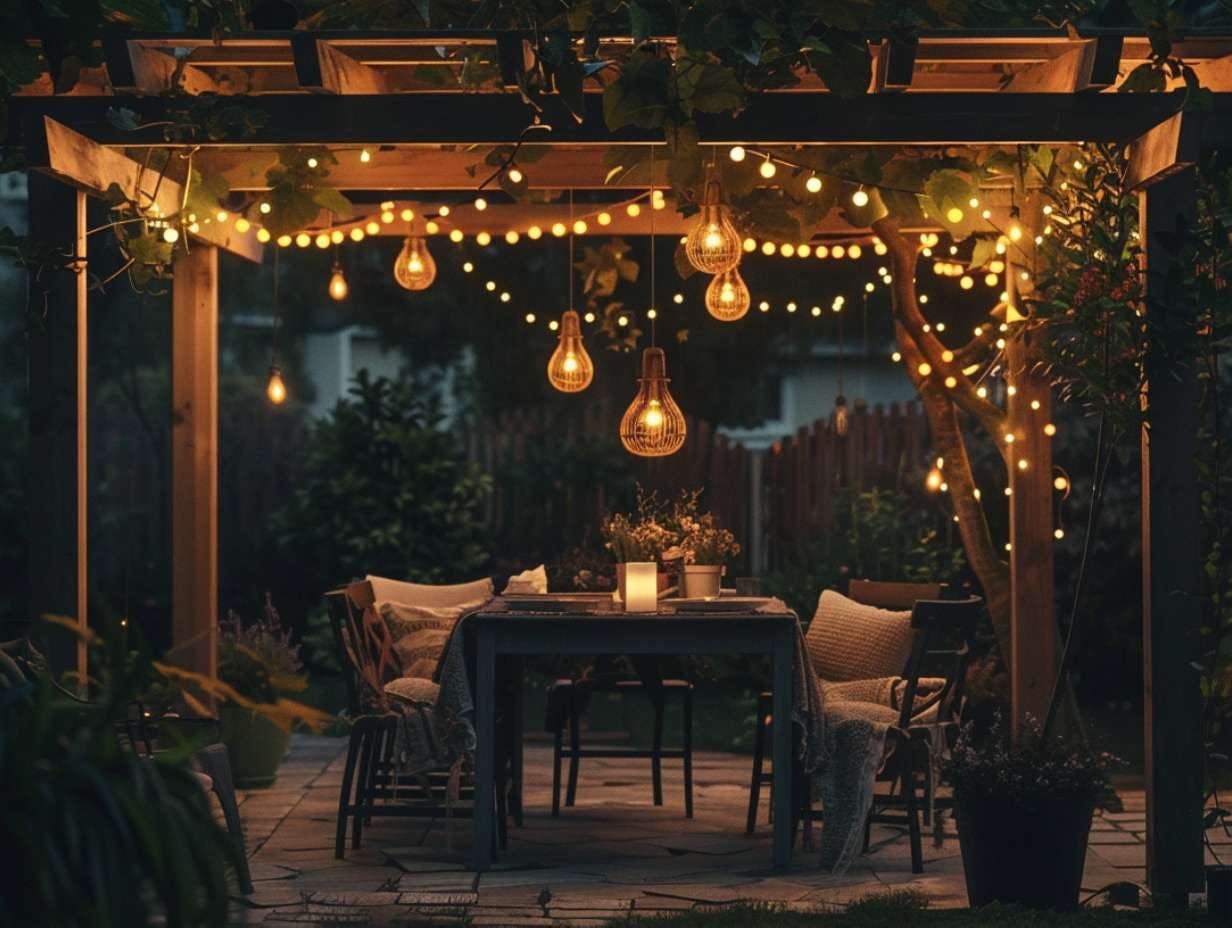 Eclairage pour pergola en bois illuminée par un mélange de guirlandes lumineuses et de lanternes solaires. La pergola est entourée de plantes et d'une table dressée, éclairage doux mettant en valeur la lumière