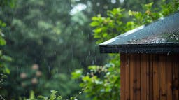 Gros plan minimaliste sur une toiture pour abri de jardin en membrane EPDM, ambiance naturelle dans un jardin pluvieux, avec l'accent sur les détails impeccables de la toiture, surface mouillée par les gouttes de pluie, entourée de verdure.