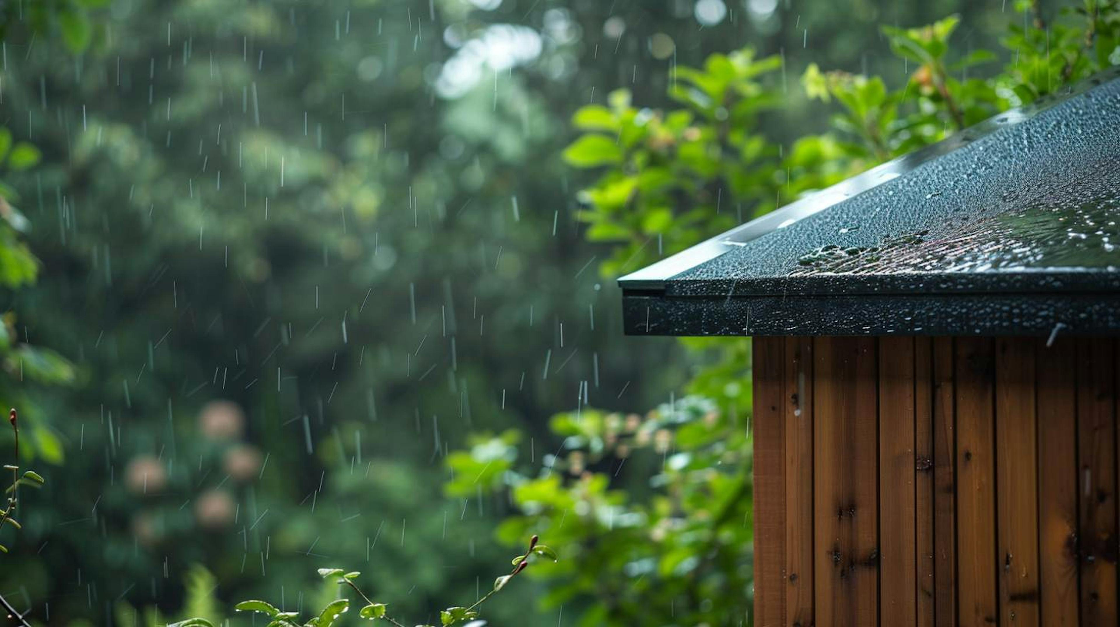 Gros plan minimaliste sur une toiture pour abri de jardin en membrane EPDM, ambiance naturelle dans un jardin pluvieux, avec l'accent sur les détails impeccables de la toiture, surface mouillée par les gouttes de pluie, entourée de verdure.