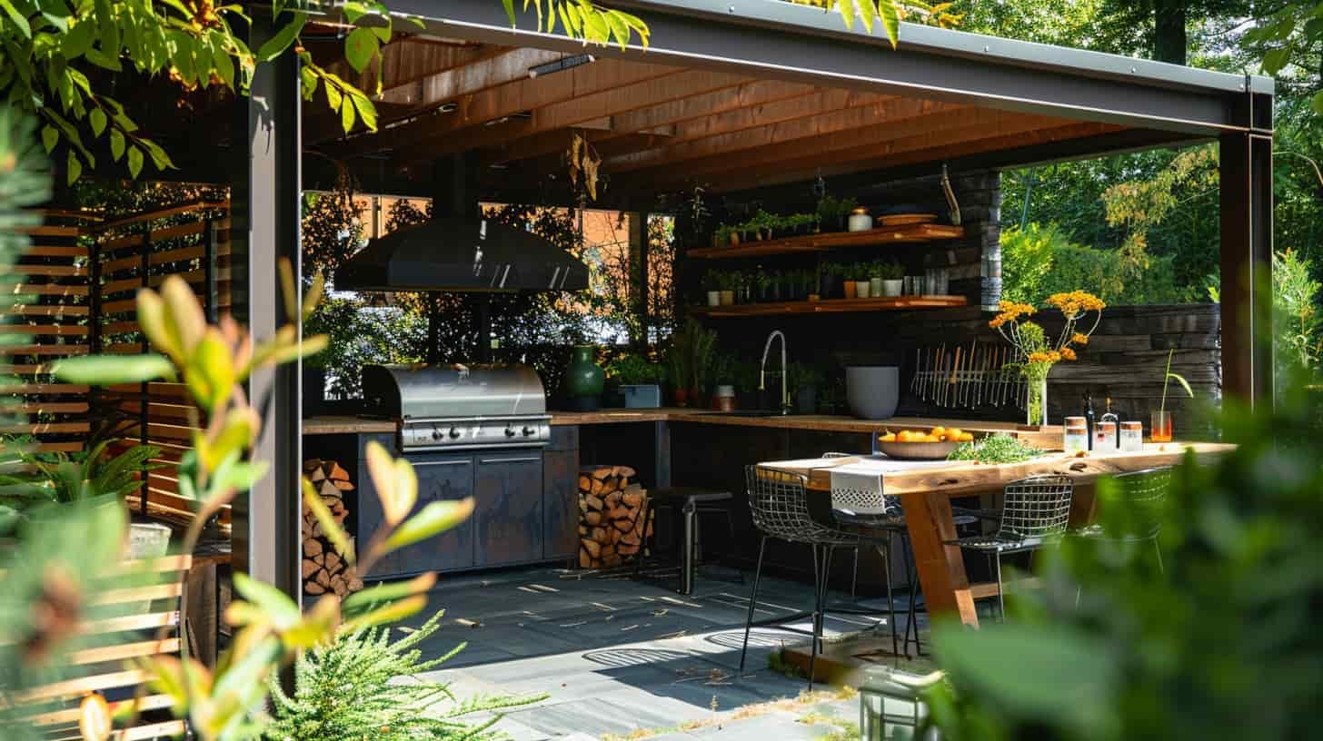 cuisine exterieure sous ne pergola bioclimatique