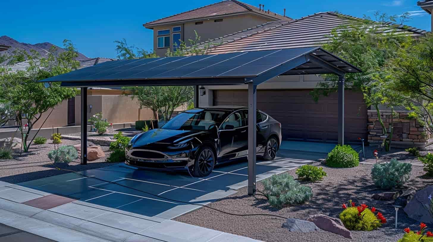 voiture electrique sous un carport solaire