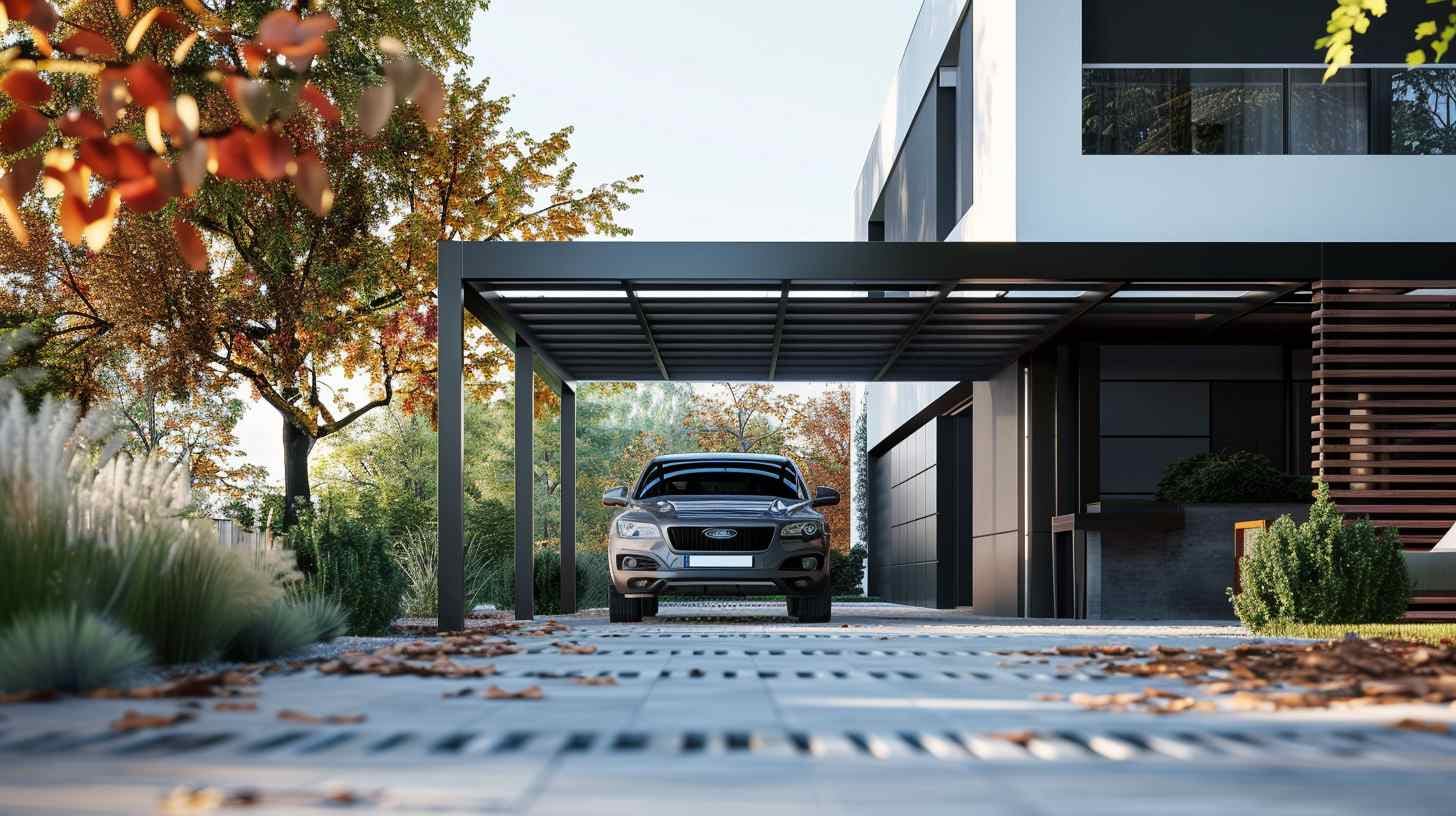 Carport in aluminium bouwpakket, geplaatst voor een modern huis, natuurlijke kleuren met een herfstsfeer en zachte natuurlijke verlichting.
