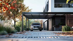 Carport en kit en aluminium, placé devant une maison moderne, couleurs naturelles avec une ambiance d'automne avec doux un éclairage naturel .