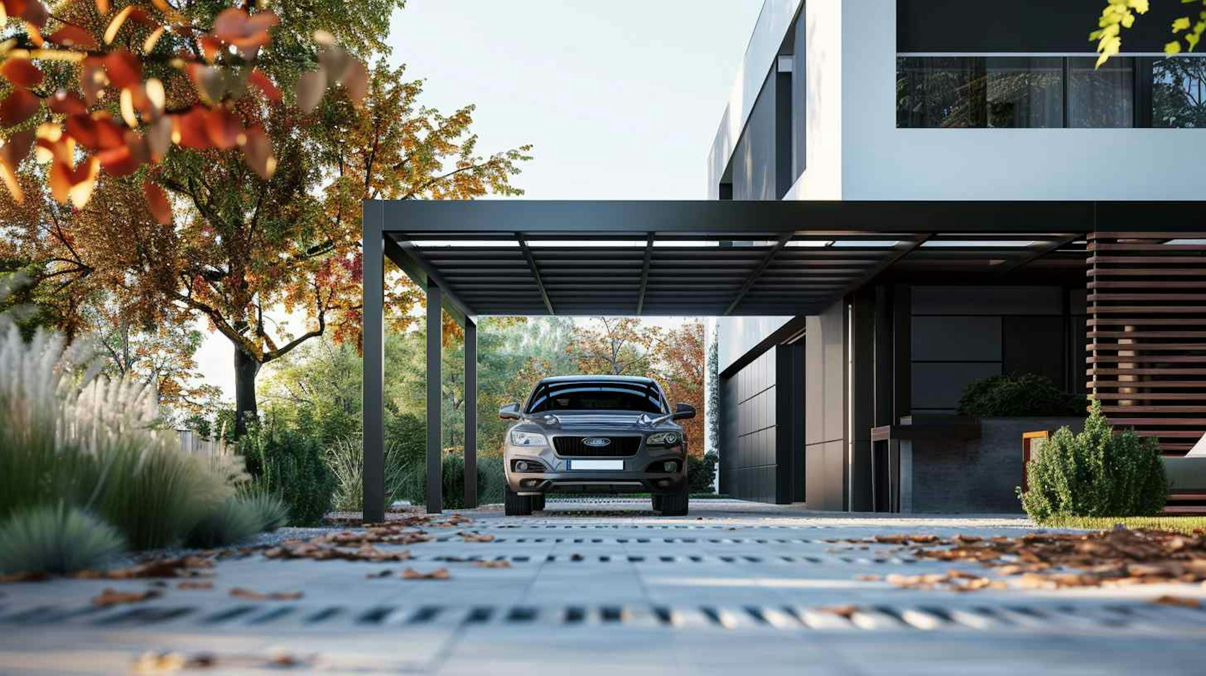 Carport en kit en aluminium, placé devant une maison moderne, couleurs naturelles avec une ambiance d'automne avec doux un éclairage naturel .