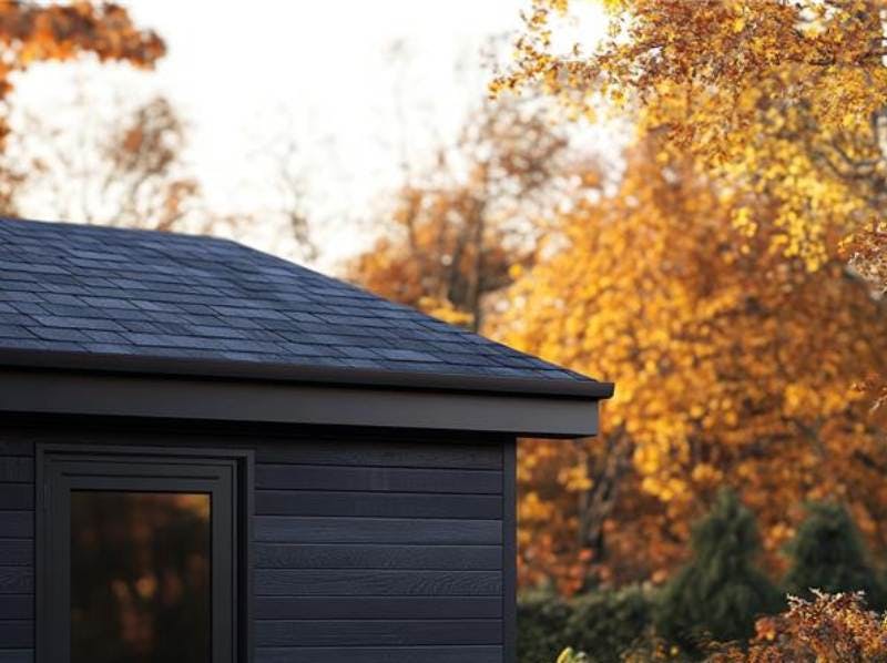 Toiture abri de jardin bois avec en un arrière plan un jardin aux couleurs automnales.