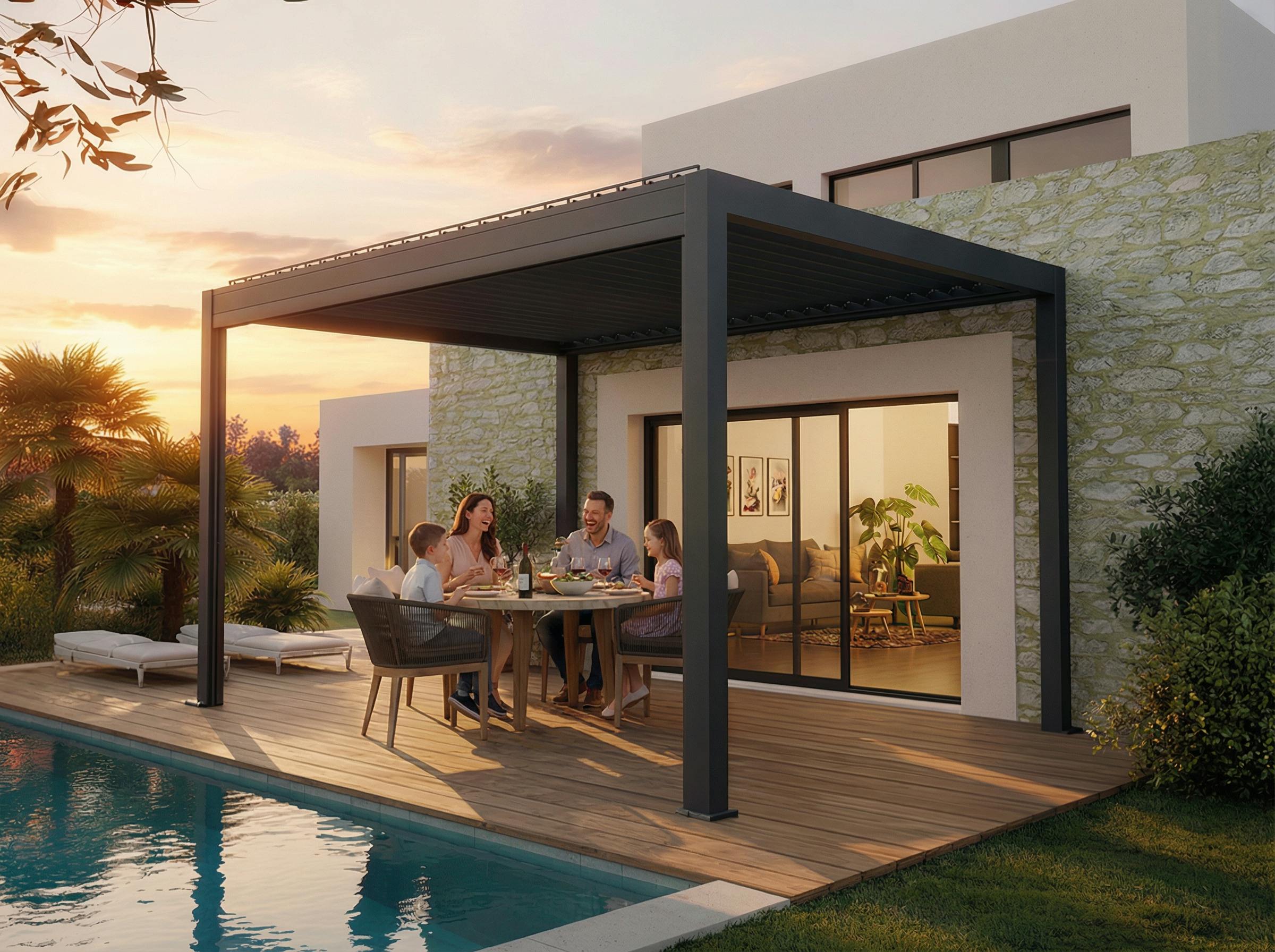 Espace repas sous une pergola bioclimatique