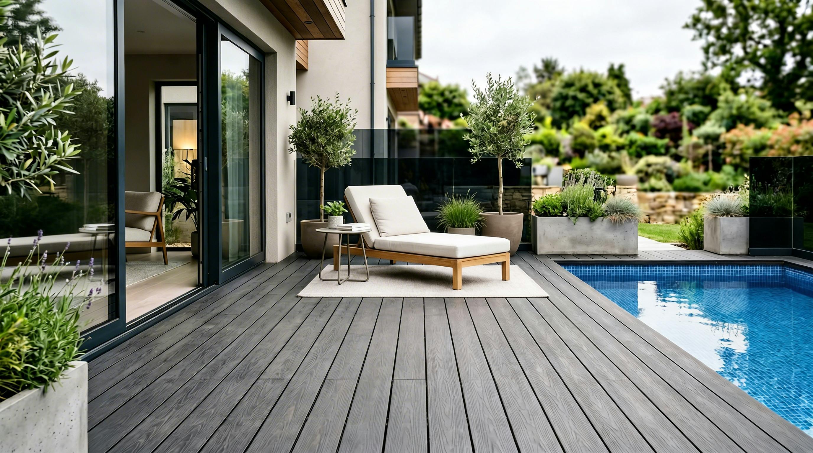 Terrasse en bois composite au bord d’une piscine