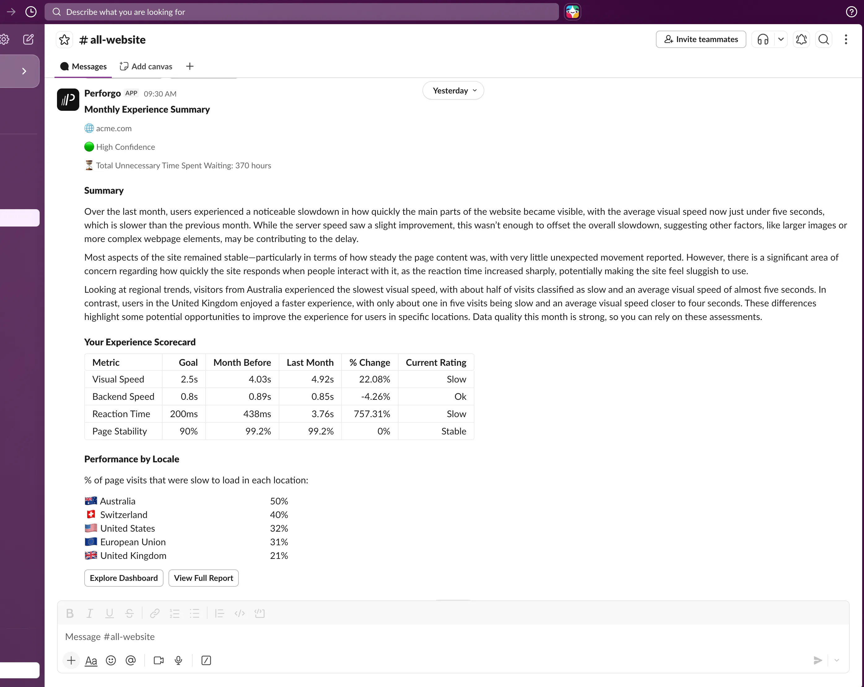 Perforgo experience summary in Slack example