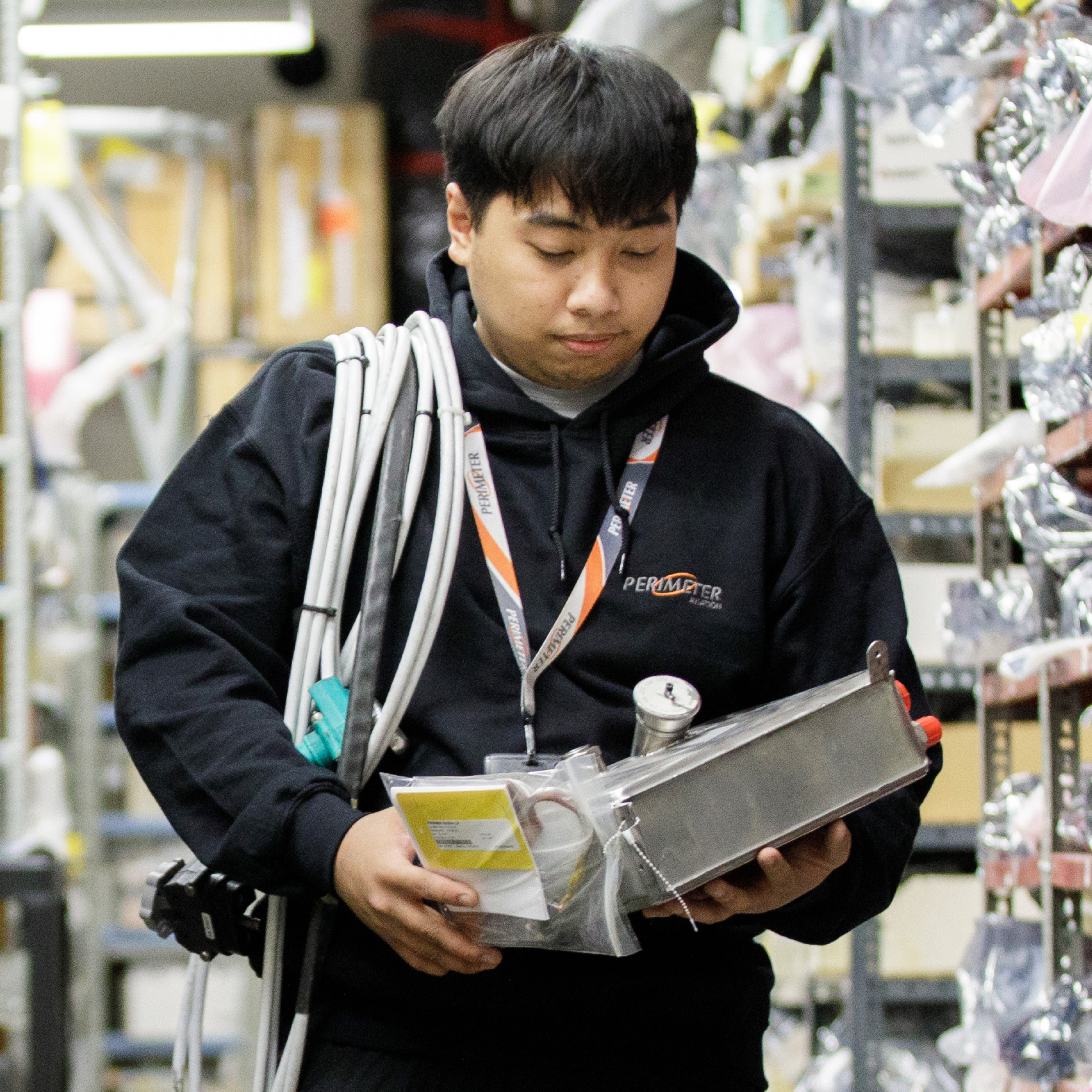 Man collecting parts for aircraft in Stores.
