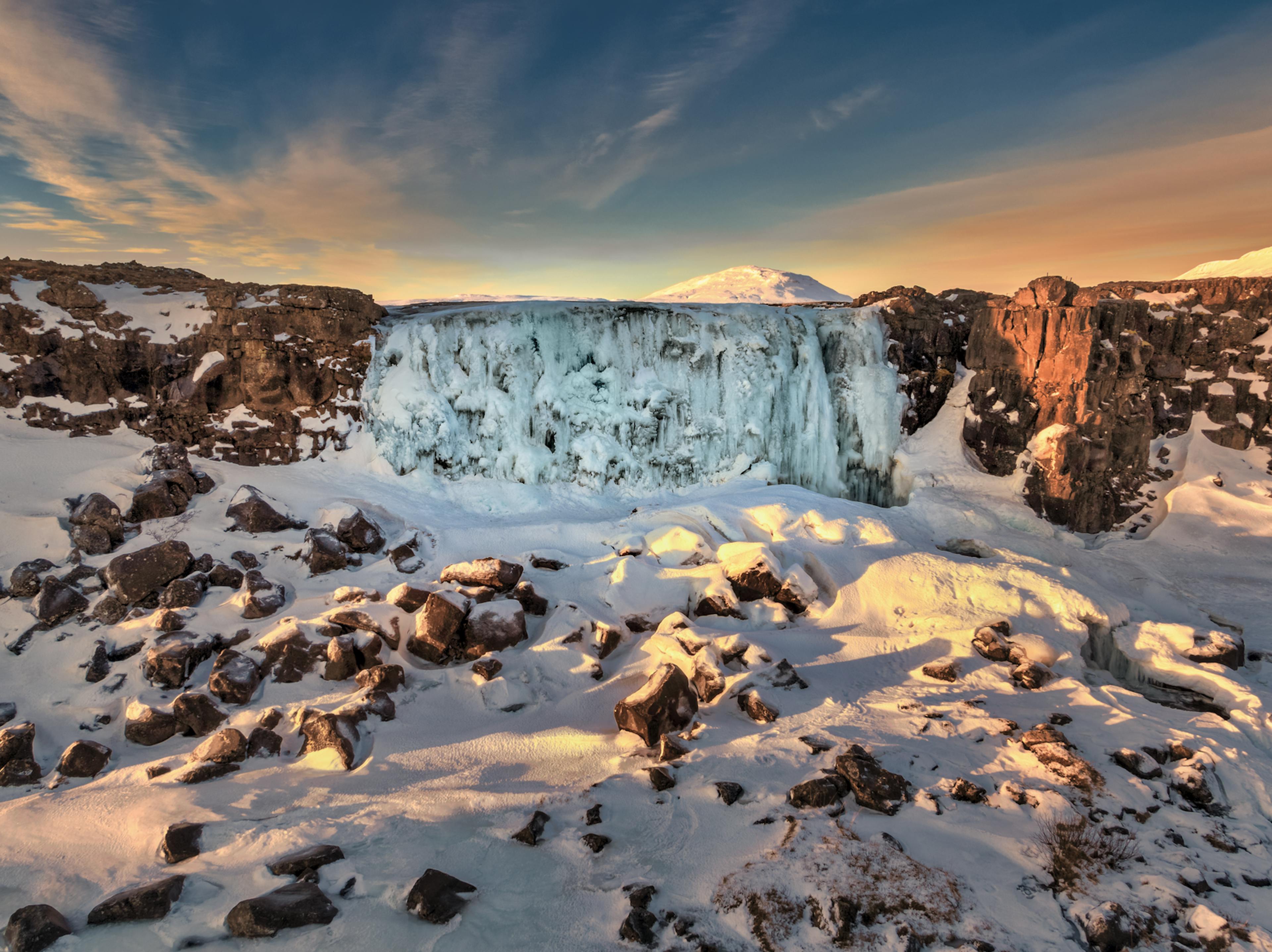 Öxarárfoss Waterfall in the winter at Þingvellir