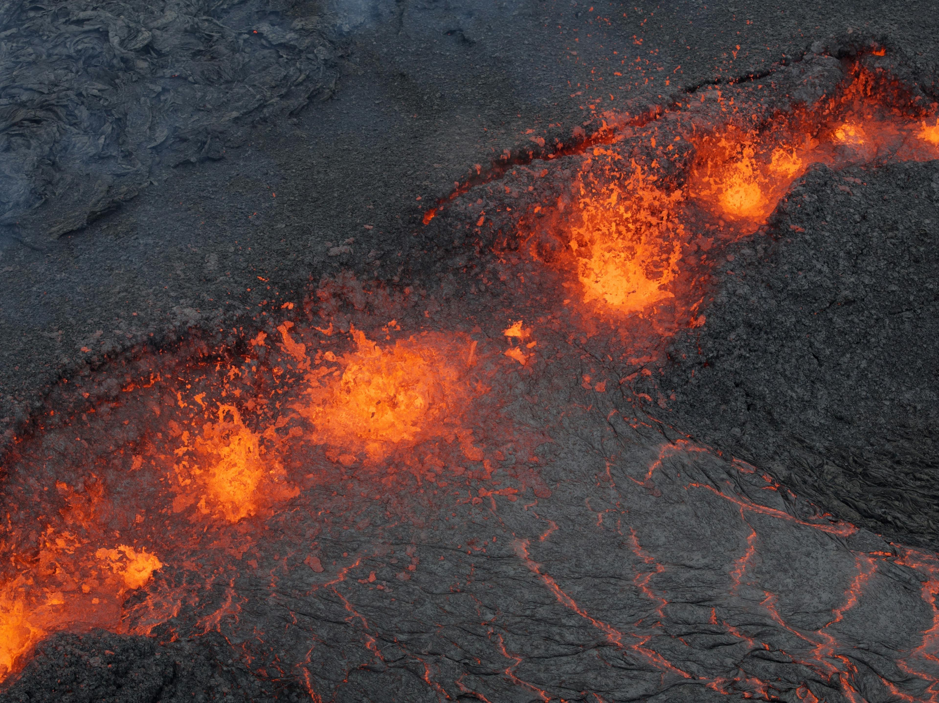 Aerial view of sundhnukagigar eruption iceland april 2025