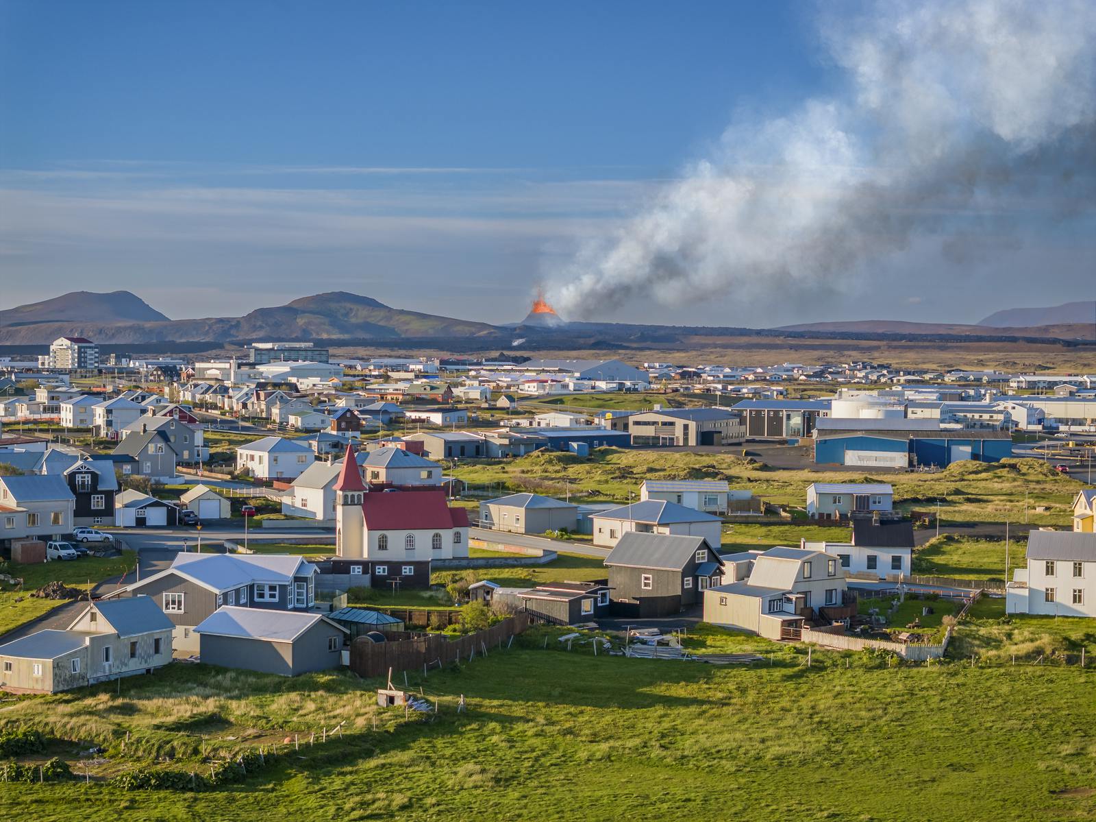 grindavik with volcano in background